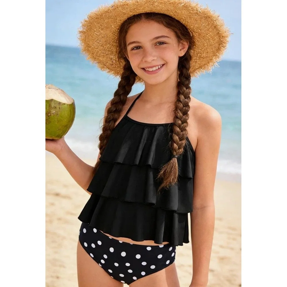 NWT UIQUR Tankini Swimsuit Kids 11-12Y Black Polka Dot New Ruffle Tiered Set